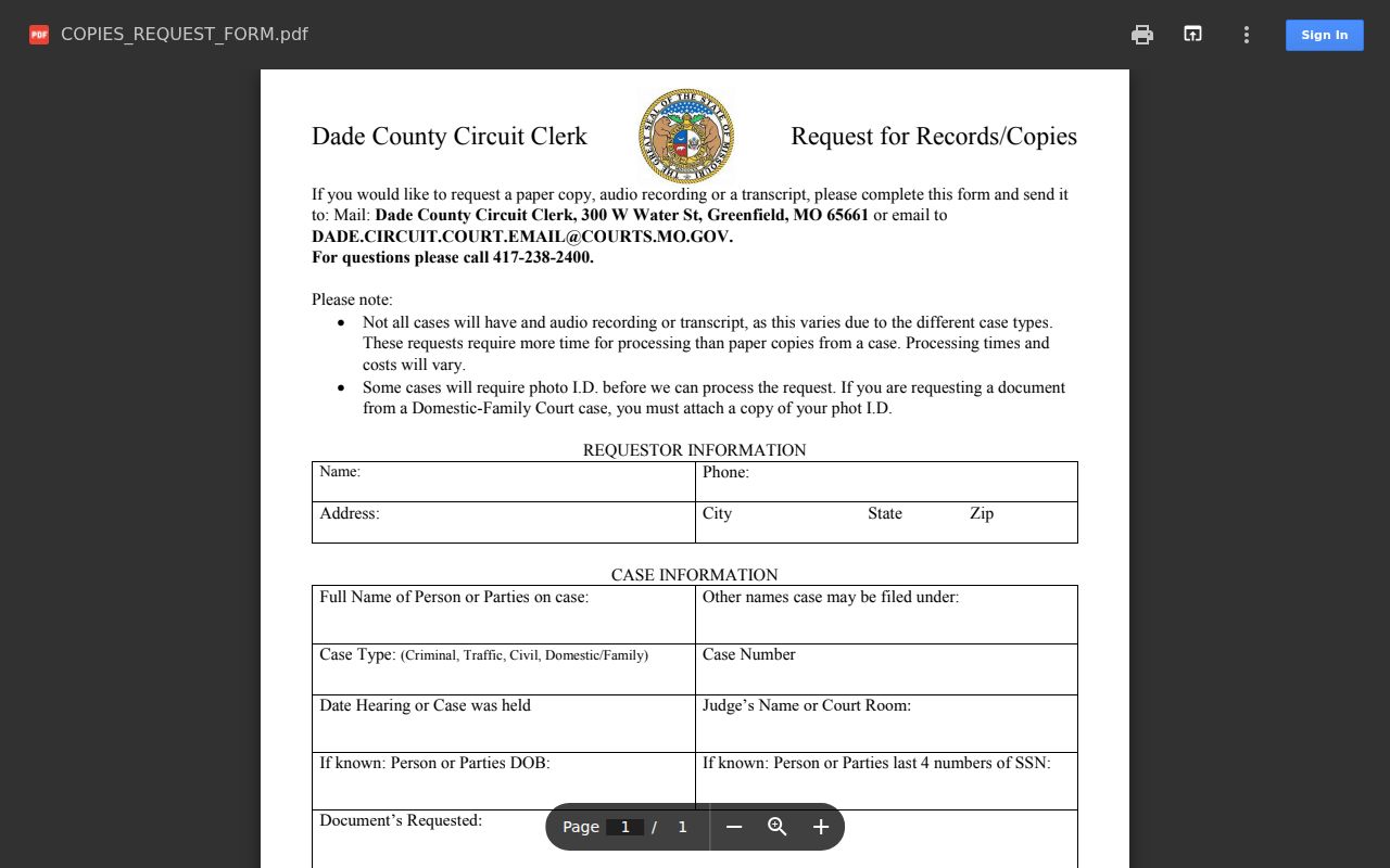 Dade County court records request form