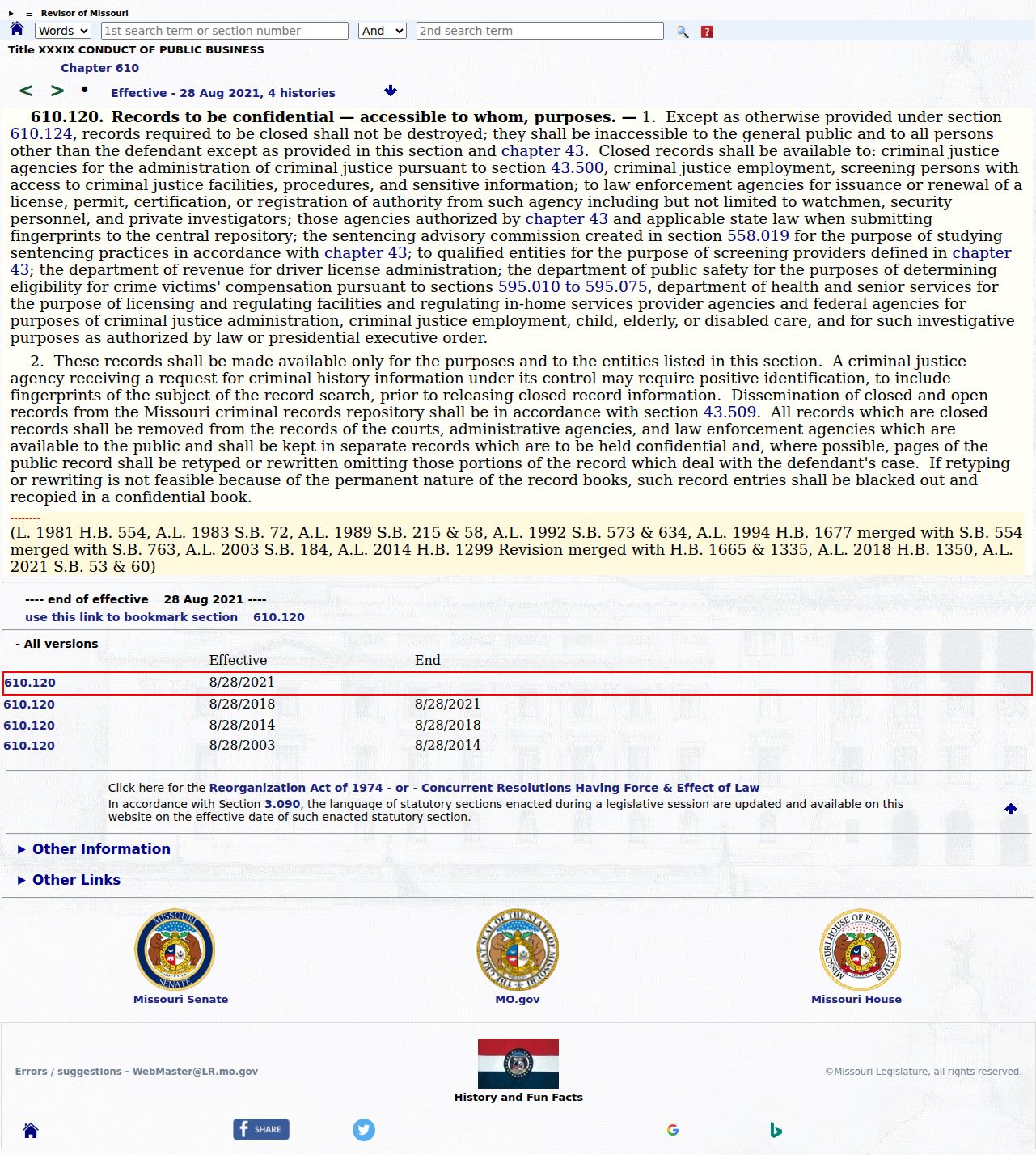 Dade County criminal docket reference to Missouri closed-record access law