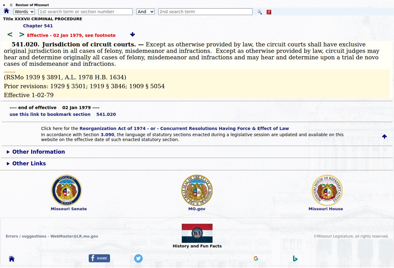 Dade County criminal docket reference to Missouri circuit court jurisdiction