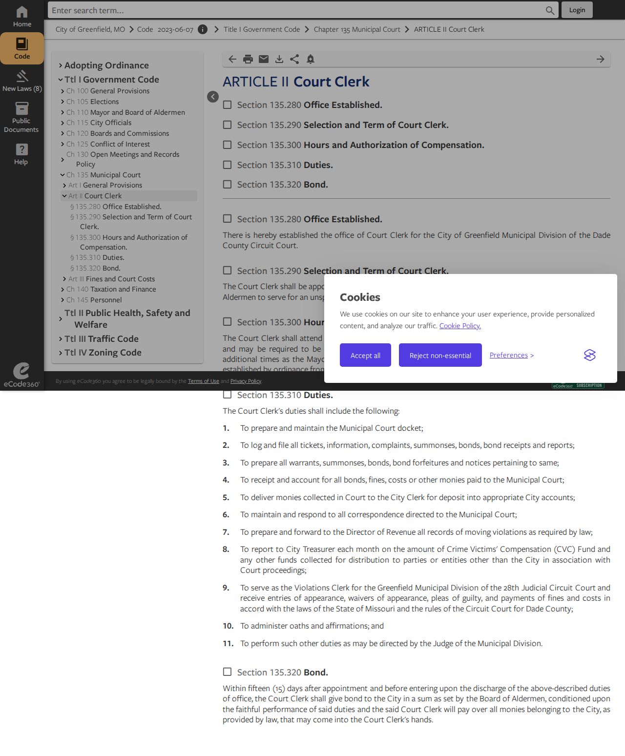 Dade County traffic court records Greenfield municipal code source